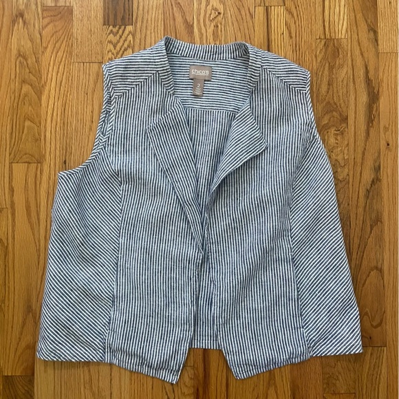 Chico’s Striped Open Front Linen Sleeveless Blazer Size L Chambray White Layer - Picture 8 of 10